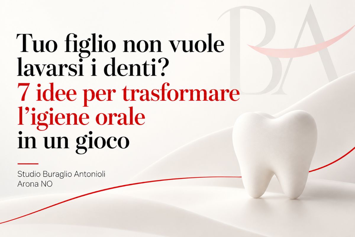 Illustrazione di un dente bianco stilizzato con il titolo “Tuo figlio non vuole lavarsi i denti? 7 idee per trasformare l'igiene orale in un gioco” e il logo dello Studio Buraglio Antonioli.
