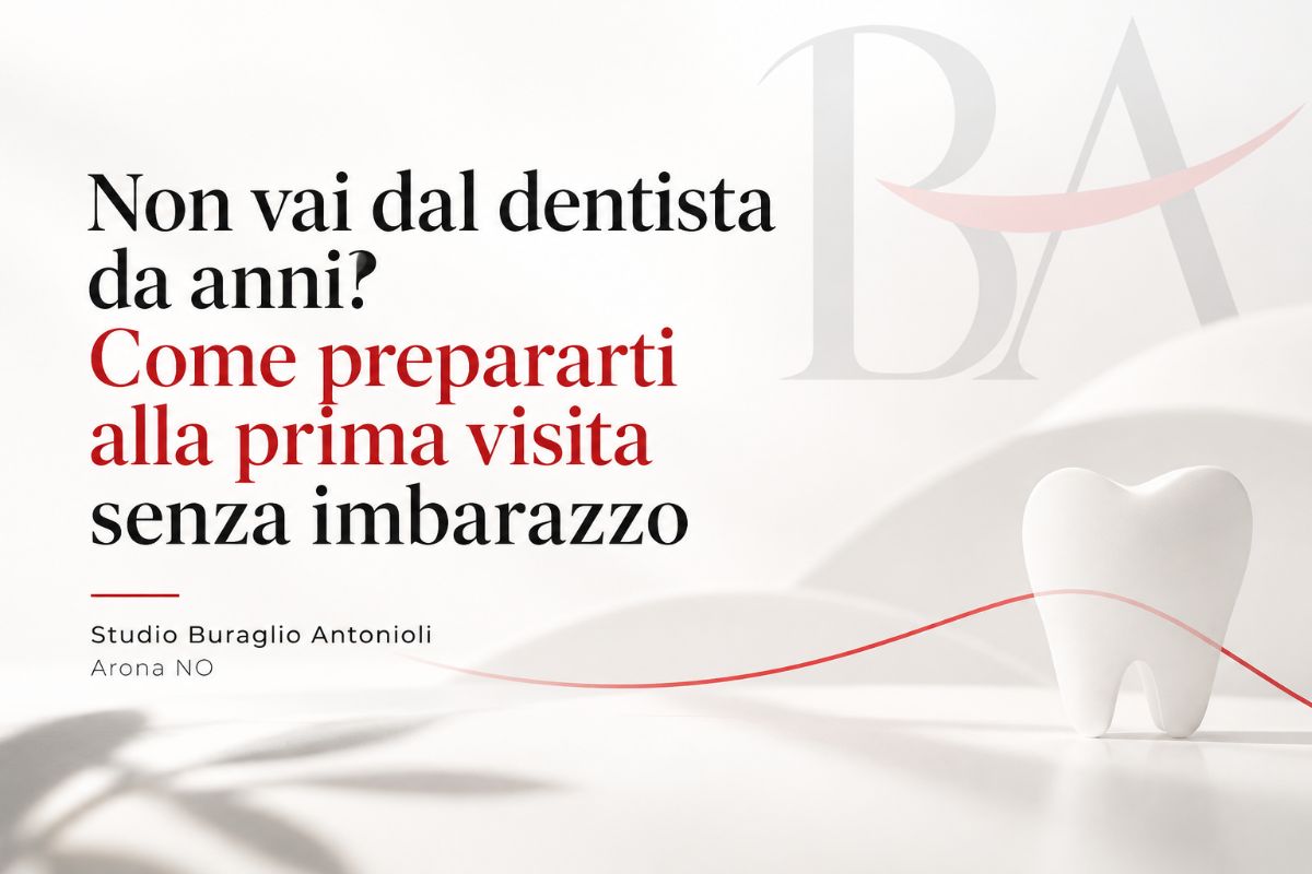 Immagine illustrativa con un dente stilizzato e il logo dello Studio Buraglio Antonioli, dedicata a chi torna dal dentista dopo anni.